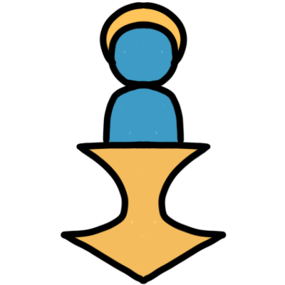 a blue figure with a halo. below it is a yellow arrow pointing downwards